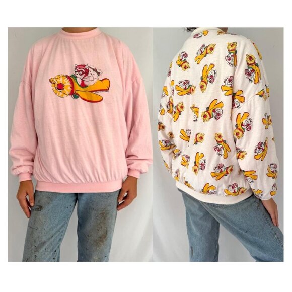 80s vintage pink reversible puffy santa bear holiday graphic pullover sweatshirt - Picture 1 of 10